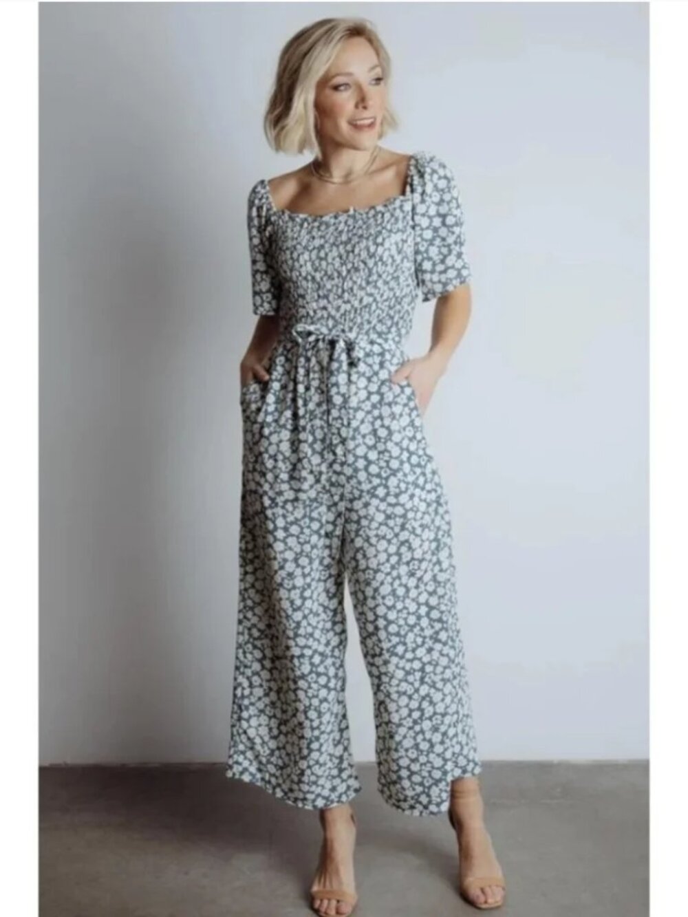 Baltic Born Kendall Floral Wide Leg Jumpsuit Large Blue White Smocked